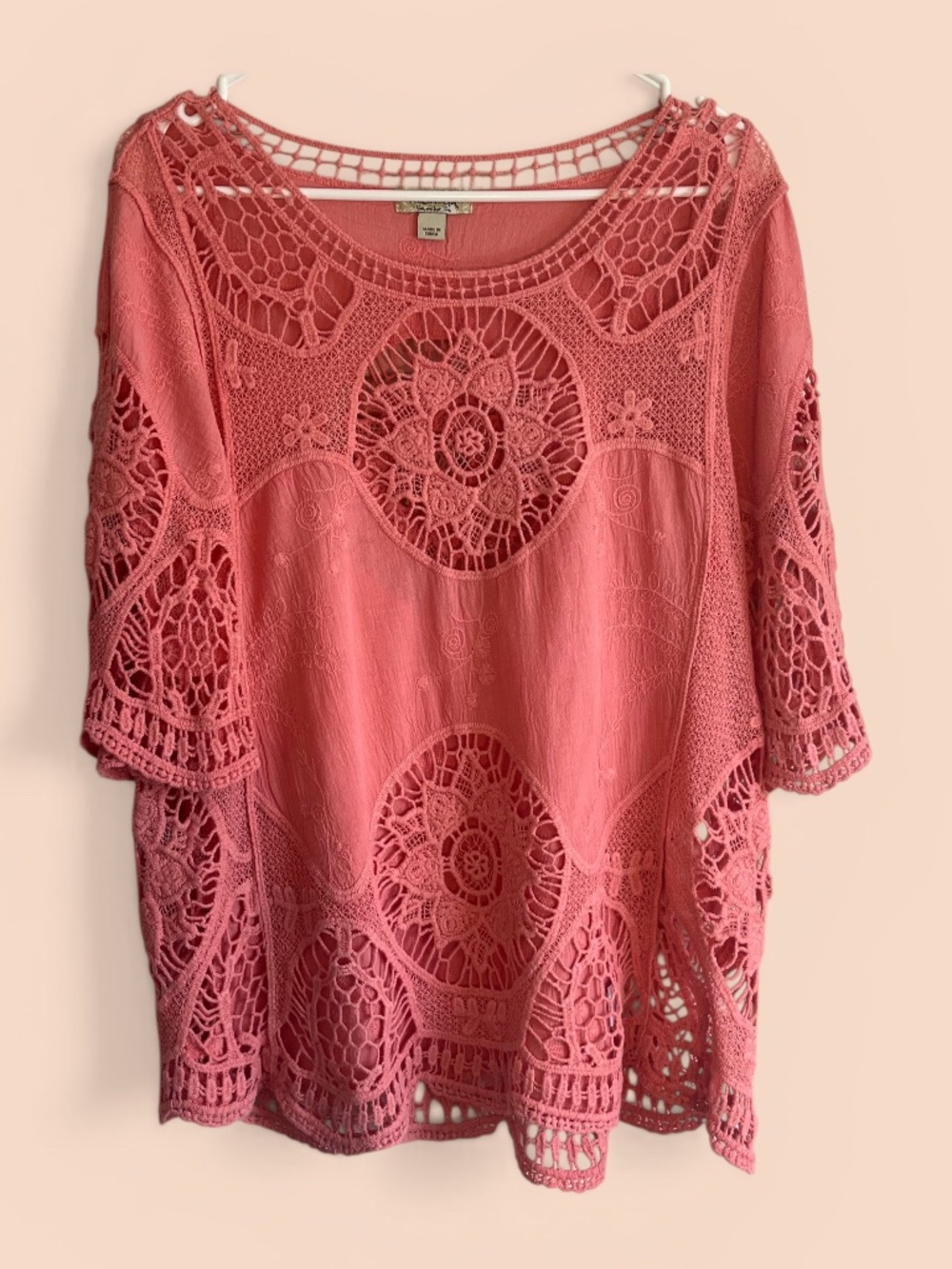 One World Coral Boho All-Cotton Crochet and Embroidery Embellished Blouse Size L